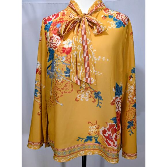 Flying Tomato Mustard Floral Print Tie Neck Blouse Size S - Picture 1 of 8